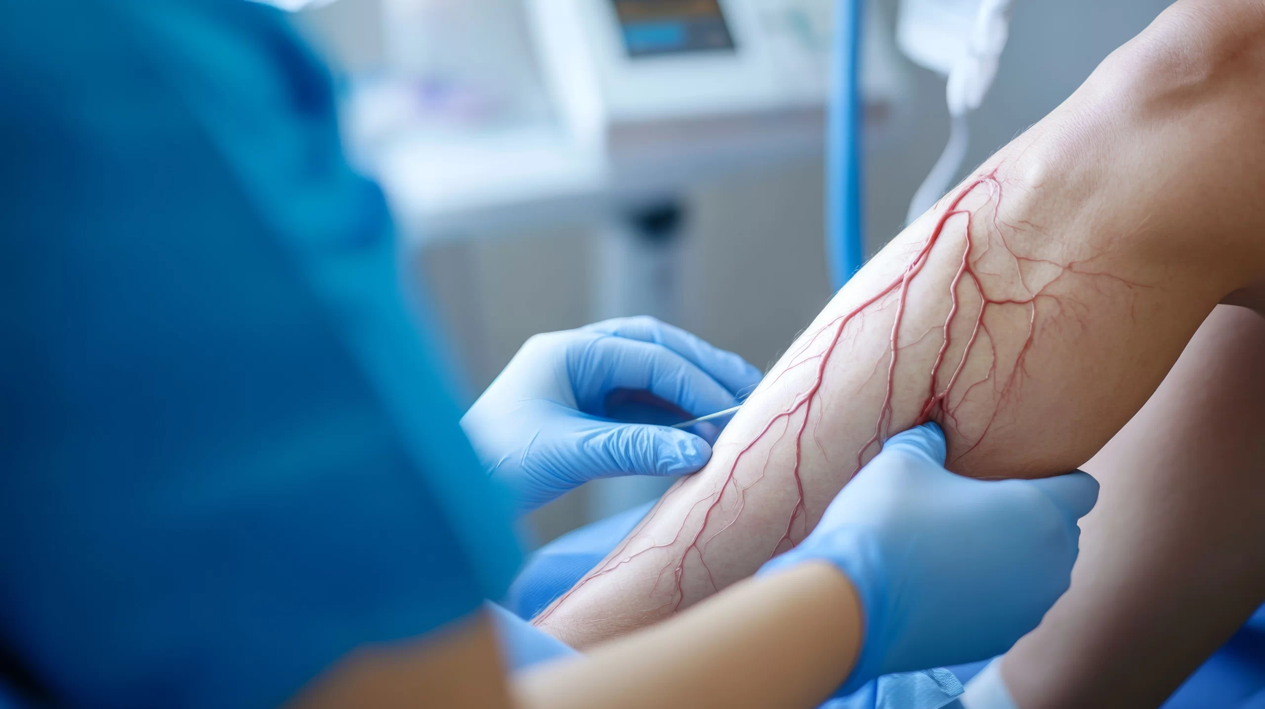 Medical professional examining a patient’s leg with visible varicose veins during a vascular treatment consultation.