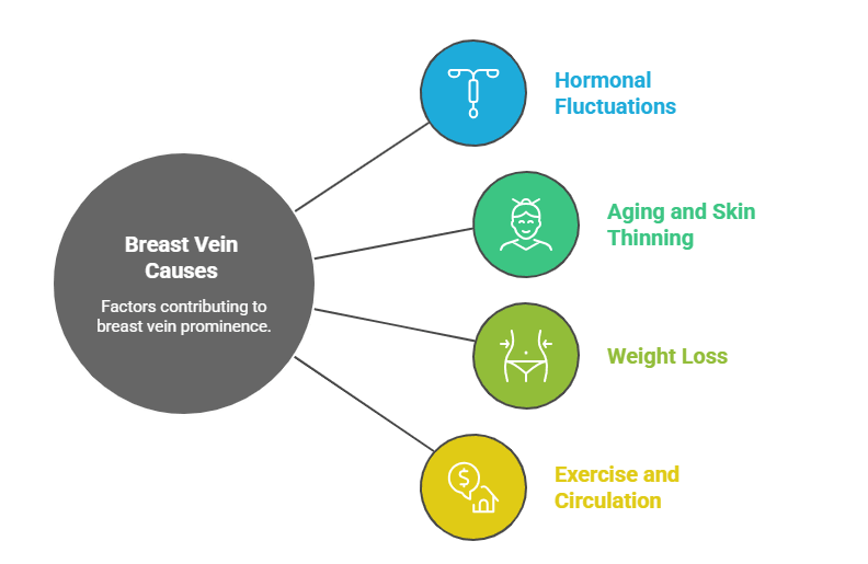 Infographic showing common causes of visible breast veins including hormonal fluctuations, aging and skin thinning, weight loss, and exercise and circulation.