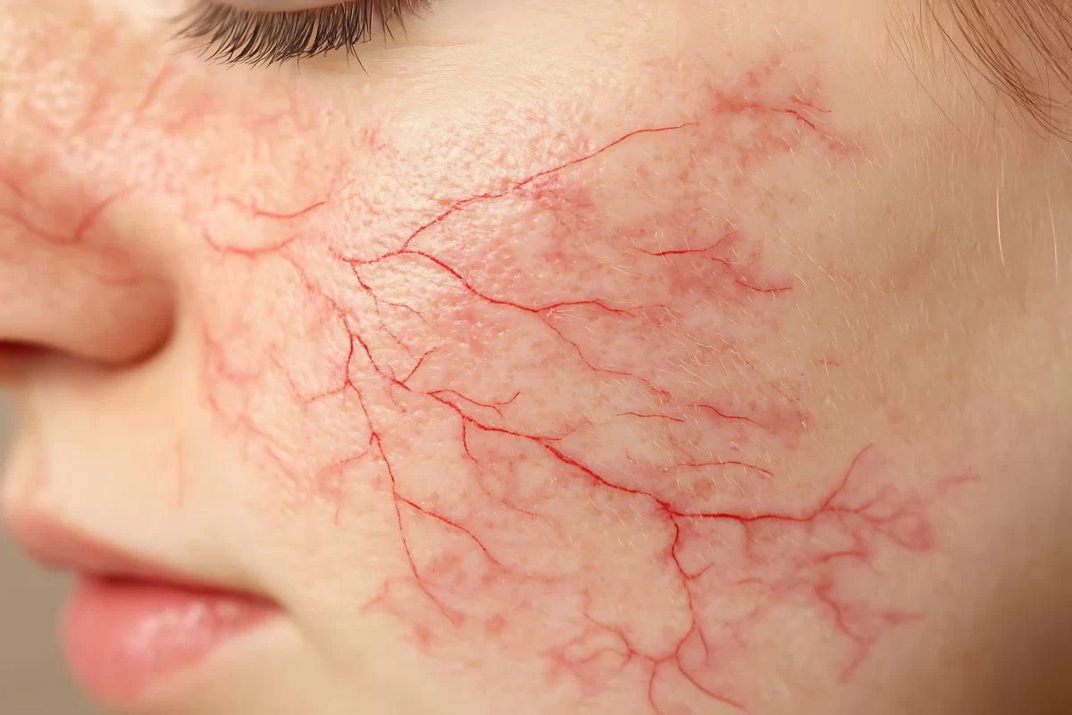 Close-up view of facial spider veins and broken capillaries on a woman’s cheek showing visible red veins beneath the skin.