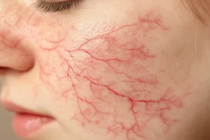 Close-up view of facial spider veins and broken capillaries on a woman’s cheek showing visible red veins beneath the skin.