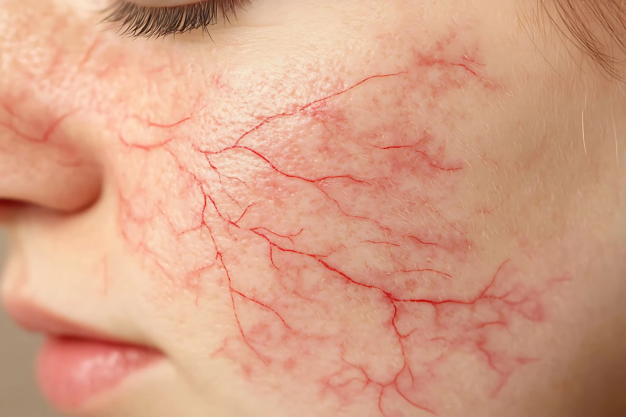 Close-up view of facial spider veins and broken capillaries on a woman’s cheek showing visible red veins beneath the skin.