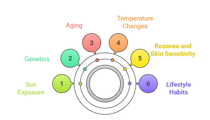  Infographic showing the common causes of facial veins, including sun exposure, genetics, aging, temperature changes, rosacea, and lifestyle habits.
