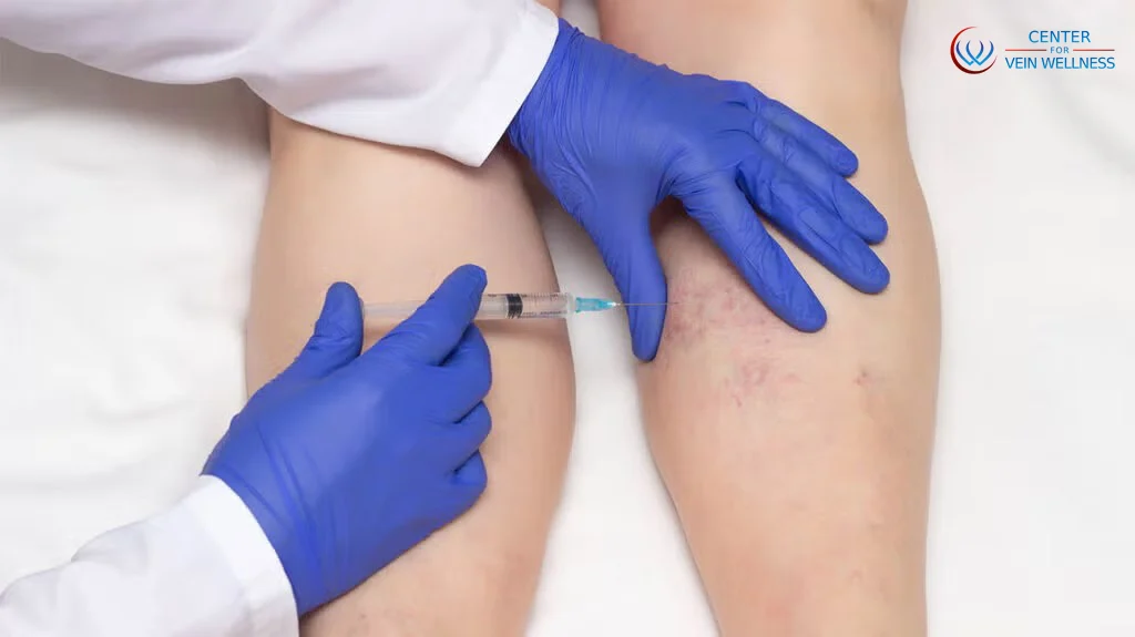 Doctor performing liquid sclerotherapy by injecting a solution into spider veins on a patient's leg.