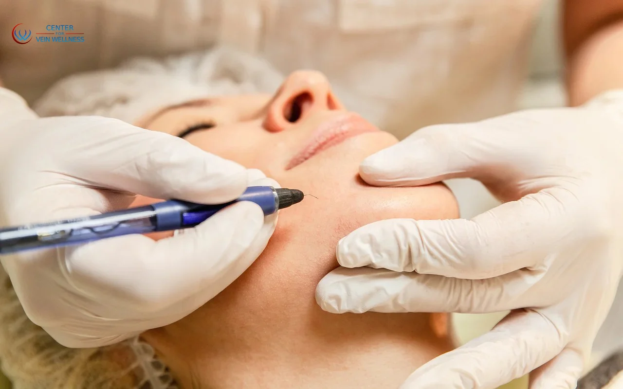 A specialist using a VeinGogh device to treat fine facial spider veins on a patient's chin.
