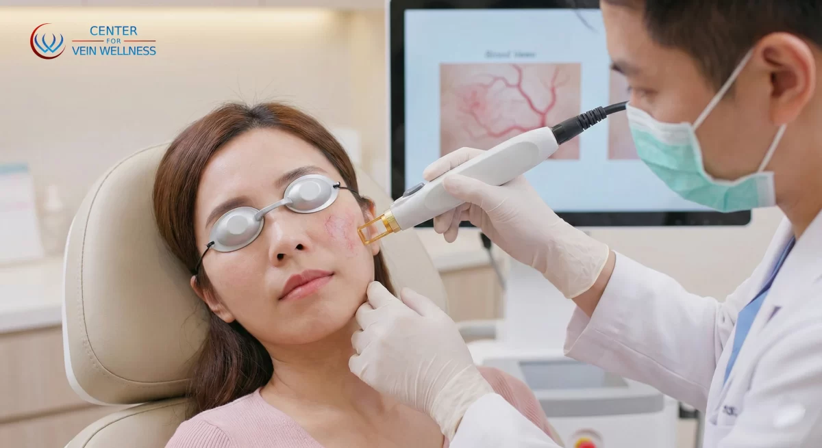 Doctor performing laser facial vein treatment on a patient’s cheek while the patient wears protective eye shields in a clinical setting.