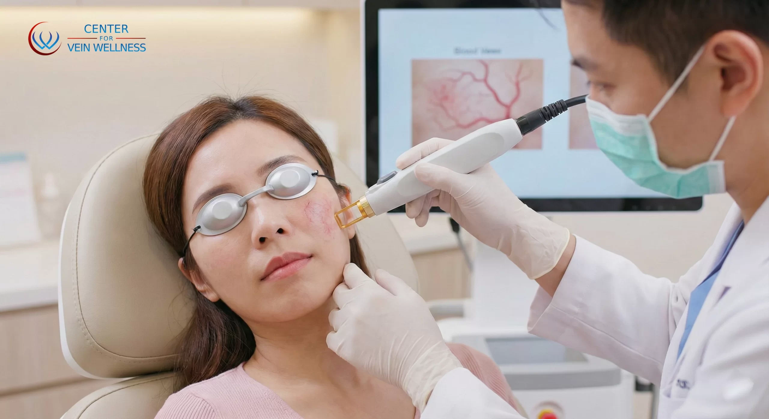 Doctor performing laser facial vein treatment on a patient’s cheek while the patient wears protective eye shields in a clinical setting.